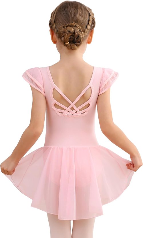 MdnMd Girls Ballet Leotard Dress - Toddler Ballerina Outfit with Flutter Sleeves & Hollow Knot Back