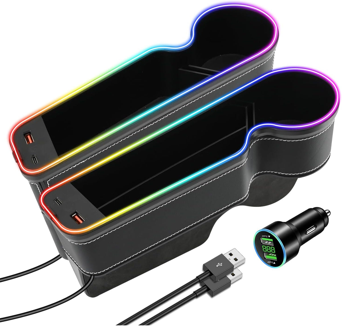 7 Colors LED Car Seat Gap Organizer with 56W Fast Charger 2 Pieces