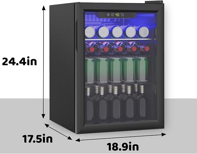 95 Can Mini Fridge, 2.6 Cu.Ft Beverage Refrigerator Glass Door | Drink Cooler for Soda Wine Beer, Adjustable Temp Small Fridge for Home Office Bar, Reversible Door, Black (40-61℉)