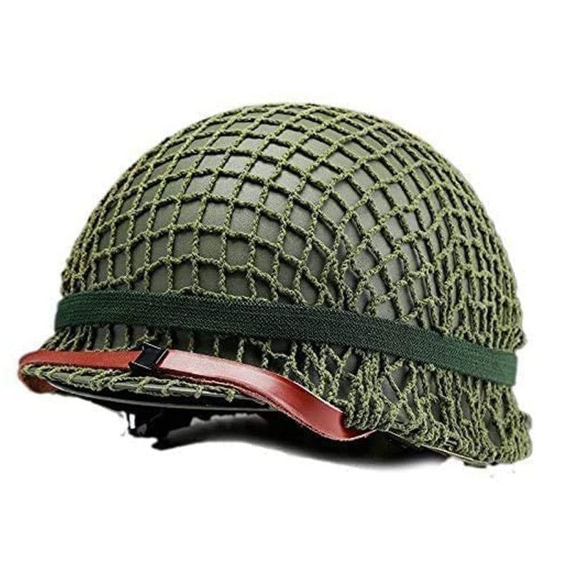 WWII US WW2 Army M1 Steel Pot Helmet Replica - Military Gear Uniform with Net Cover, Chin Strap, Cat Eye Belt