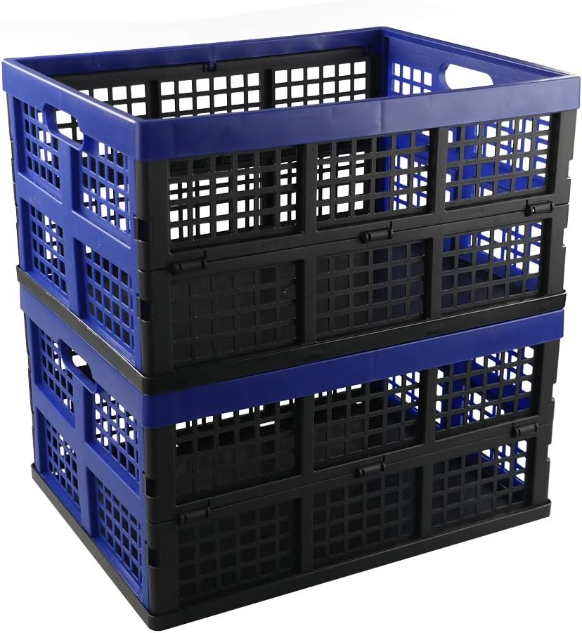 Hespama 35 Quart Folding Crates, Blue Collapsible Milk Crate Basket, 2 Pack