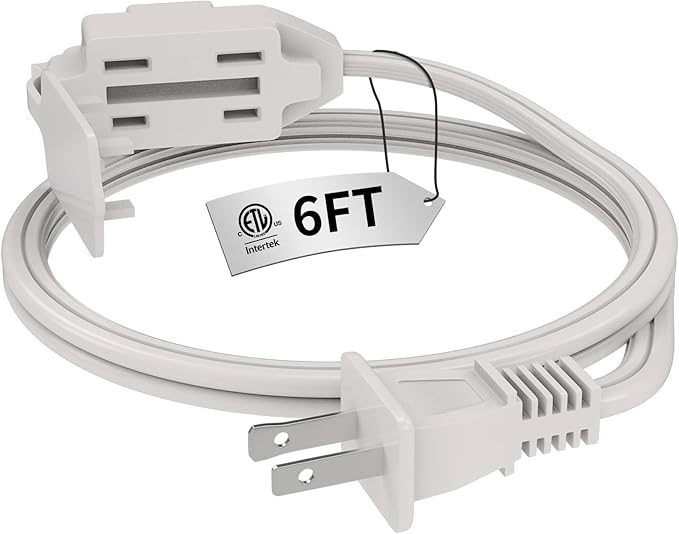 PLUGTUL Indoor White Extension Cord 6 Feet, 3-Outlet Household Extension Cord, 2 Prong, 16 Gauge, 3 Polarized Outlets with Safety Cap Protect for Home Office, 16/2 SPT-2 ETL Listed