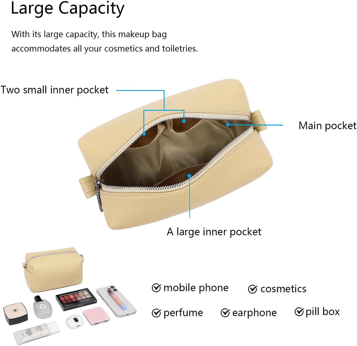 Travel Makeup Bag, Ring Clasp Wristlet Organizer (Almond Yellow)