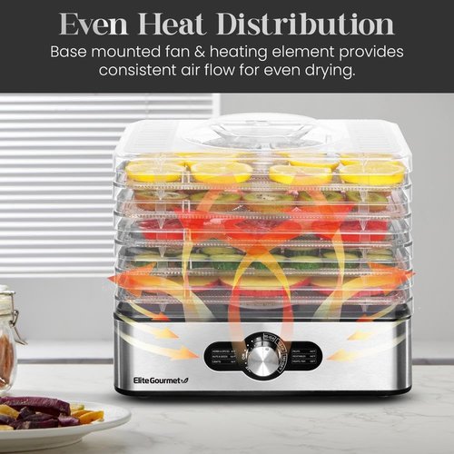 Elite Gourmet Food Dehydrator - Stainless Steel Trays with Adjustable Temperature Control | Perfect for Jerky, Herbs, Fruits, and Veggies