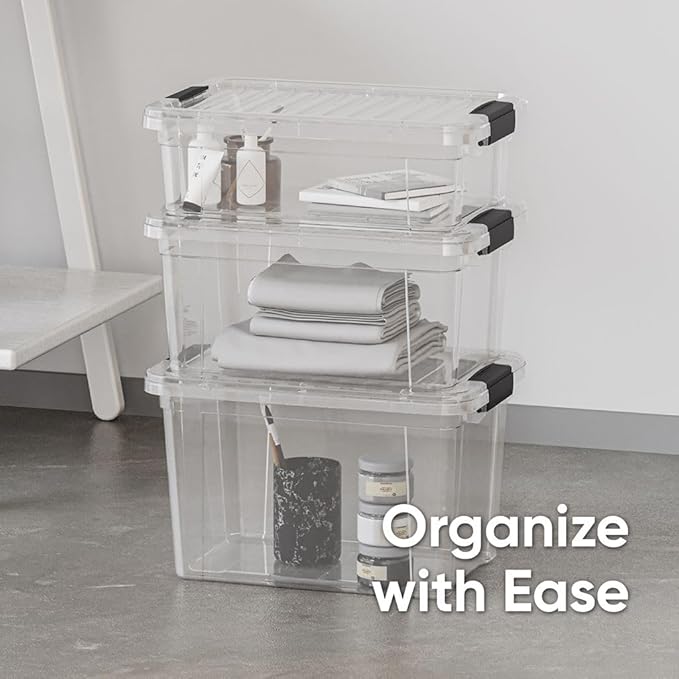 Superio Small Clear Storage Box with Lid, 8.75 Quart Plastic Container Bins for Organizing, Stackable Crates, BPA Free, Non Toxic, Odor Free, Organizers for Home, Office, School, and Dorm
