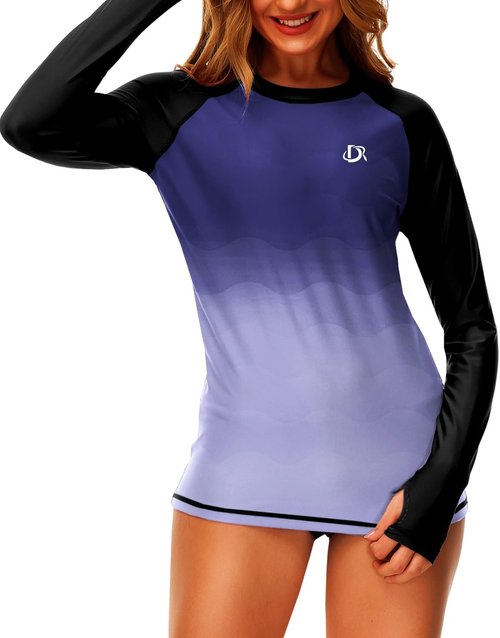 Deerose Women's Gradient Rash Guard - UPF 50+ Swim Shirt with Thumb Hole for Surfing