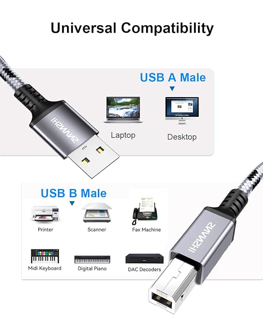 SNANSHI Active Printer Cable 50ft, Nylon Braided Heavy Duty USB 2.0 Type A to B