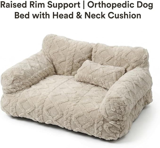 Plush Calming Pet Sofa Bed, Raised Rim, Removable Cover & Non-Slip Bottom for Cats & Dogs, Calming Dog Bed Fluffy Plush Dog Mat for Furniture Protector with Removable Washable Cover (Grey, Small)