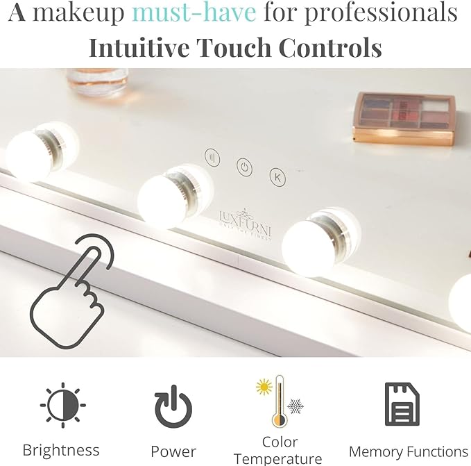 LUXFURNI Large Hollywood Vanity Mirror with Lights, 25" Lx21 W Lighted Makeup Mirror with 18 Dimmable Bulbs, Smart Touch Control 3 Color Lighting Modes, White