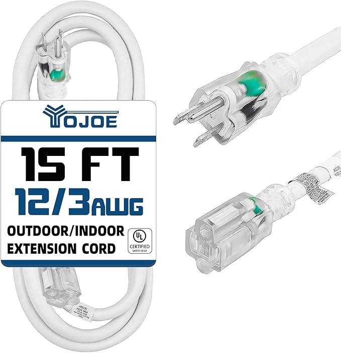 YOJOE Indoor Outdoor Extension Cord with Lighted End, 3 Prong 15A Weatherproof Power Cord, 12 Gauge Heavy Duty 15 ft White Extension Cord for Garage, Garden and Home, 12/3 SJTW UL Listed