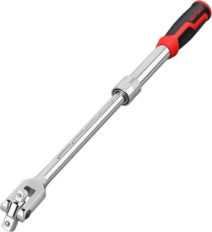 MAXPOWER Extendable Breaker Bar, Dual Head 1/2" & 3/8" Drive 360° Flex Head Cheater Bar, 5-Gear Extending Locking, Extendable Handle 13-3/8" to 18"