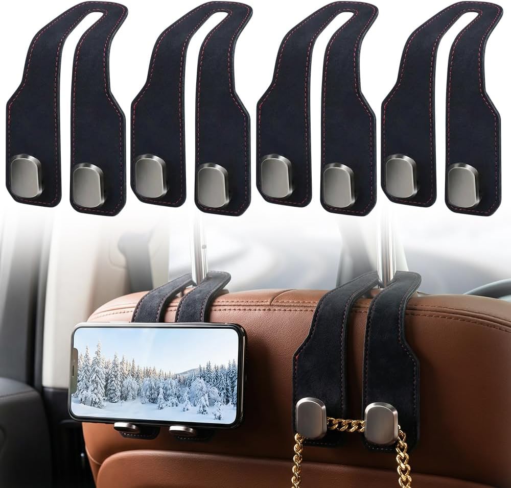 Fauppt Headrest Hooks for Car Car Seat Hooks for Headrest,2026 Hooks for Purses and Bags Cute Car Purse Holder,Twinhook Leather Car Headrest Hangers Seat Back Organizers for Travel (Black*4)
