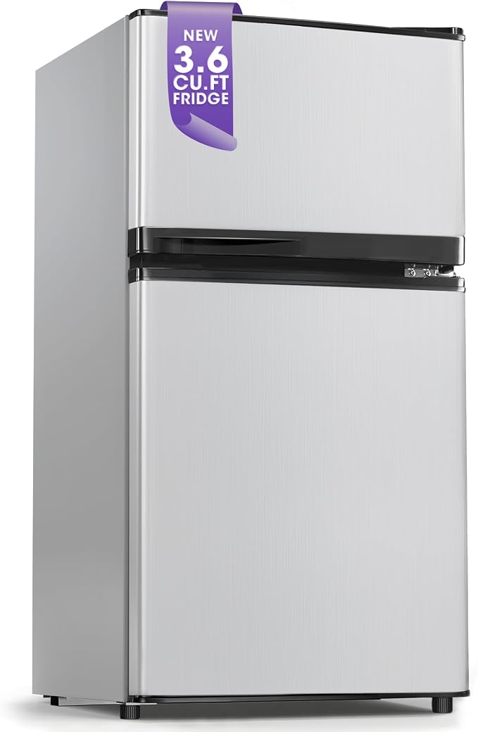 Tehanld 3.6 Cu.Ft Mini Fridge with Freezer for Dorm Office, Silver | Double Door Compact Refrigerator with Low Noise Technology, Removable Shelves for Bedroom and Apartment Storage