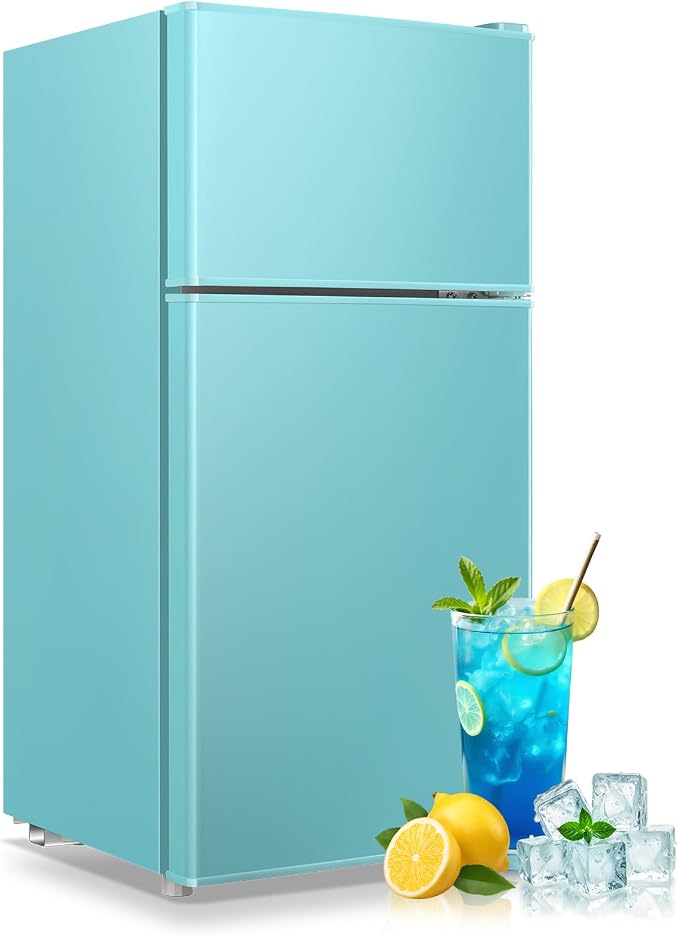 Mini Fridge with Freezer 2.4 Cu.ft Mini Refrigerator Double Doors Dorm Fridge Compact 7 Modes Temp Suit for Apartment Bedroom Office Blue