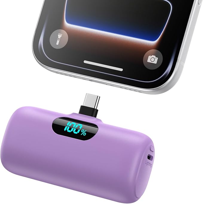Mini Portable Charger 5000mAh Power Bank, 15w PD USB C Cell Phone Portable Power, LCD Display Battery Pack Compatible with Android Phone/Samsung Galaxy S22,S21/Note/Pixel/OnePlus 9 etc (Light Purple）