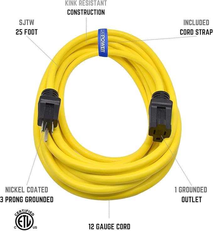 Clear Power 25 ft 12/3 SJTW Heavy Duty Outdoor Extension Cord, Water & Weather Resistant, Flame Retardant, Yellow, 3 Prong Grounded Plug, CP10144