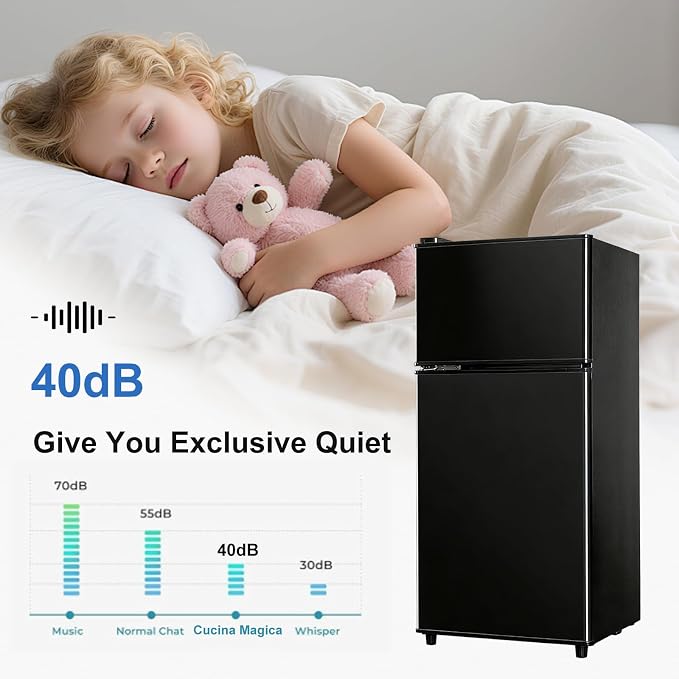 Mini Fridge with Freezer, 3.2 cuft Small Refrigerator, Compact Refrigerator | Double Door, 7 Adjustable Thermostat, Energy Saving, Low Noise, for Dorm, Bedroom, Office - BLACK