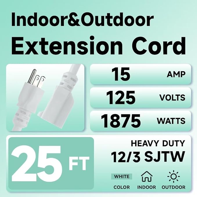 Indoor Outdoor Extension Cord, 12 Gauge 3 Prong Weatherproof Heavy Duty White Extension Cords，12/3 SJTW 15A 25 FT Extension Cable for Garage, Garden and Home, UL Listed