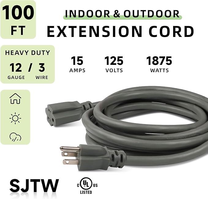 EP 12/3 100 FT Indoor Outdoor Grey Extension Cord Waterproof, 12 Gauge 3 Prong Power Cord Flexible Resistant Appliance Extension Cable Electric Cable Outside, 15A 1875W 12AWG SJTW, ETL Listed
