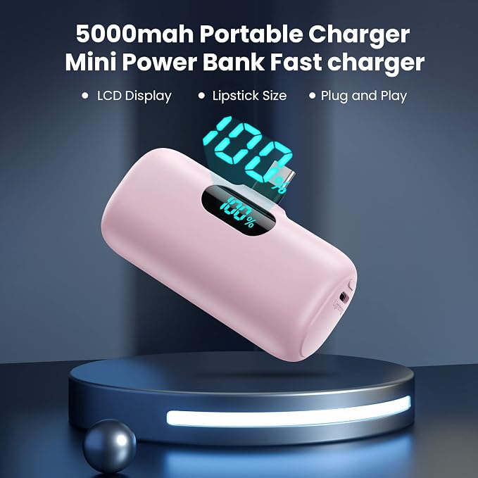 Feob Mini Portable Charger 5000mAh Power Bank,15W PD USB C Cell Phone Portable Power,LCD Display Battery Pack Compatible with iPhone 17/Air/17 Pro/17Pro Max/16/15 Android/Samsung/Moto(Type-C Only)