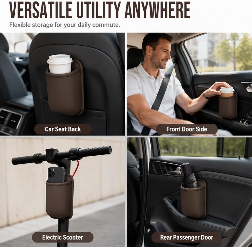 Leather Car Door Cup Holder Clip On Storage Organizer for Car, Black, Small