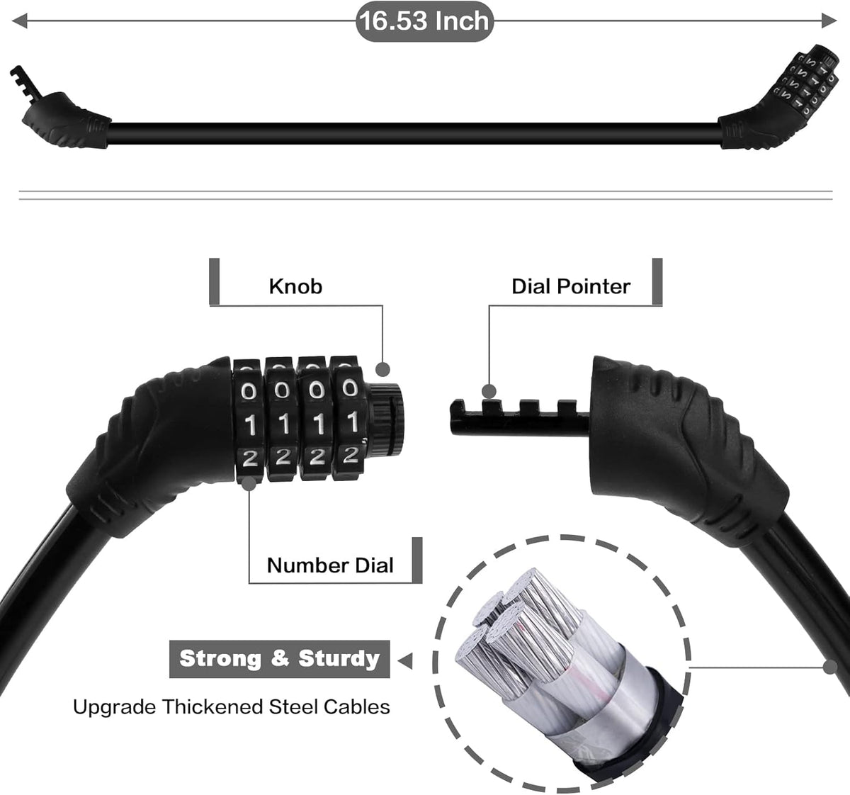 Skiennix Heavy-Duty Bike Lock Cable - Anti-Theft Combination Lock for Outdoor Equipment | Black (2 Pack, 1 Ft)