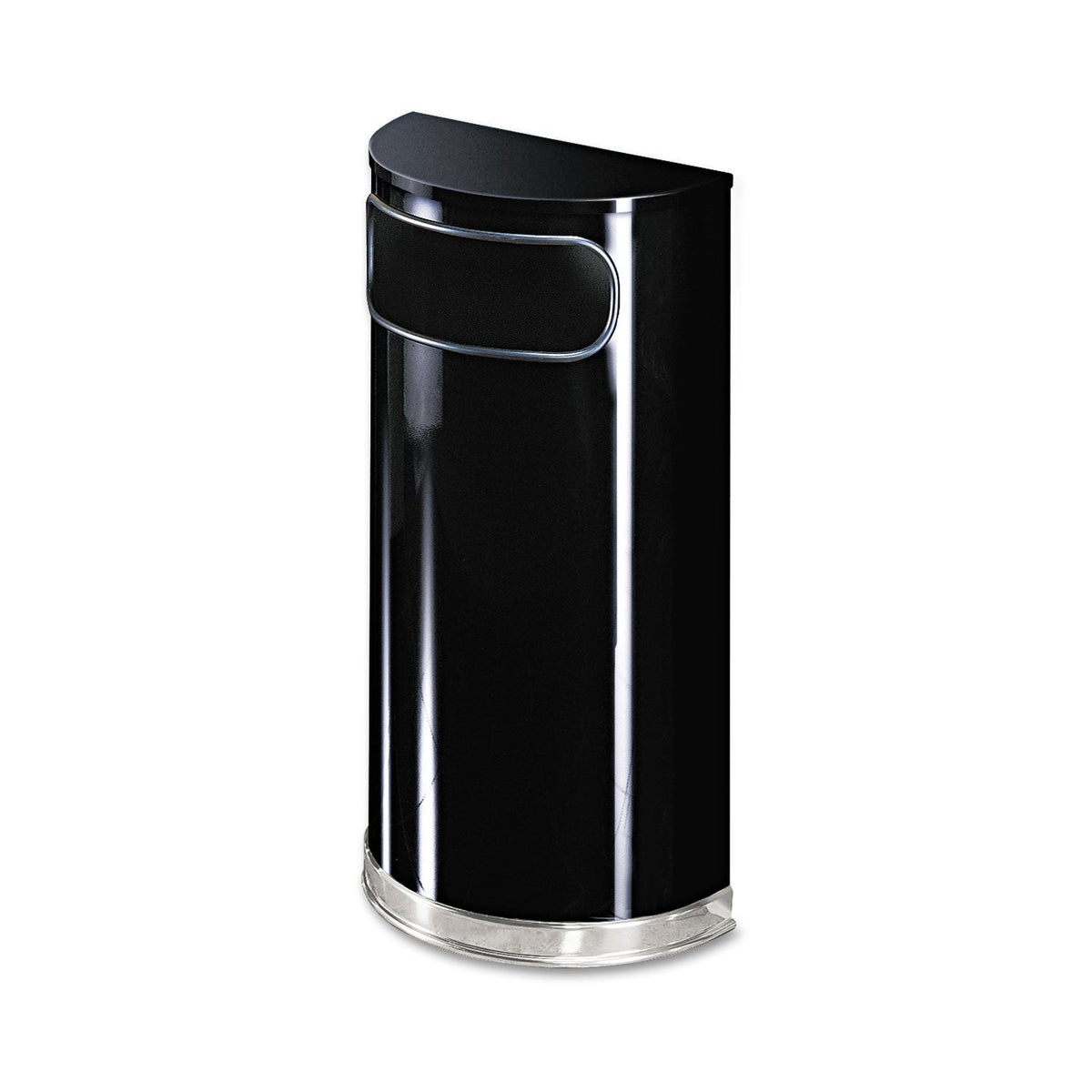 Rubbermaid Commercial Products European & Metallic Series Receptacle Half-Round Trash Can, 9-Gallon, Black/Chrome, Side Opening Indoor/Outdoor Waste Container for Lobby/Office/School/Restaurant