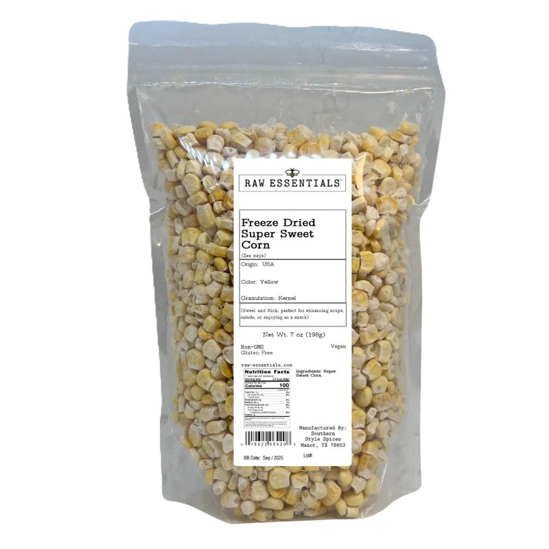Raw Essentials Freeze-Dried Super Sweet Corn | Ideal for Soups, Salads, & Snacks | Non-GMO, Gluten-Free, Vegan | 7 Ounce Bag