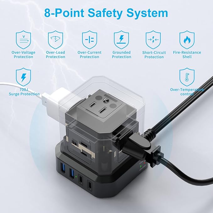 TOPREK Power Strip Surge Protector (700J), 10 FT Flat Extension Cord with 5 Outlets, 2 USB-C & 2 USB-A, Power Strip with USB for Home, Office, Dorm, Hotel, Travel, Compact Desk Charging Station