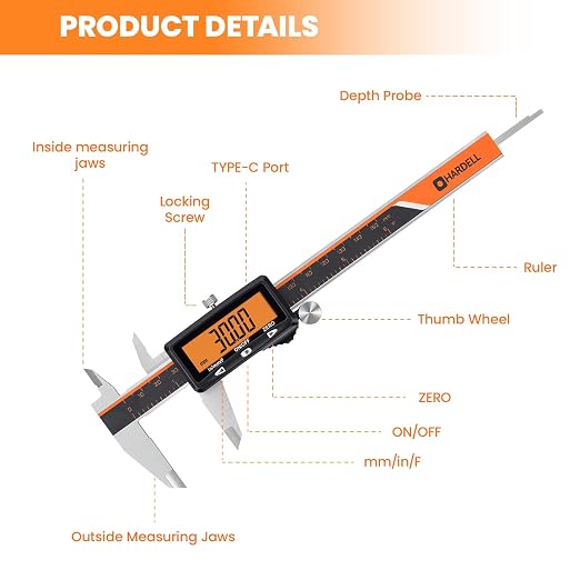 HARDELL Digital Caliper, Stainless Steel Digital Micrometer