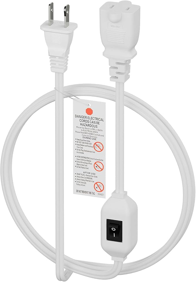 6FT On Off Switch Extension Cord, Plugrand 2-Prong Polarized Extension Cord with On-Off Inline Switch 12A 125V for Your Chargers/Lamp/Power Adapters Etc, 16AWG Cord White