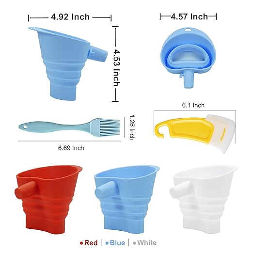 Flour Funnel for Kitchen Aid Mixer with Spatula & Brush Set - Silicone Collapsible Stand Mixer Attachment Compatible with KitchenAid 4.5-5 QT Tilt-Head (KSM150), Mess Free Dishwasher Safe (RED)