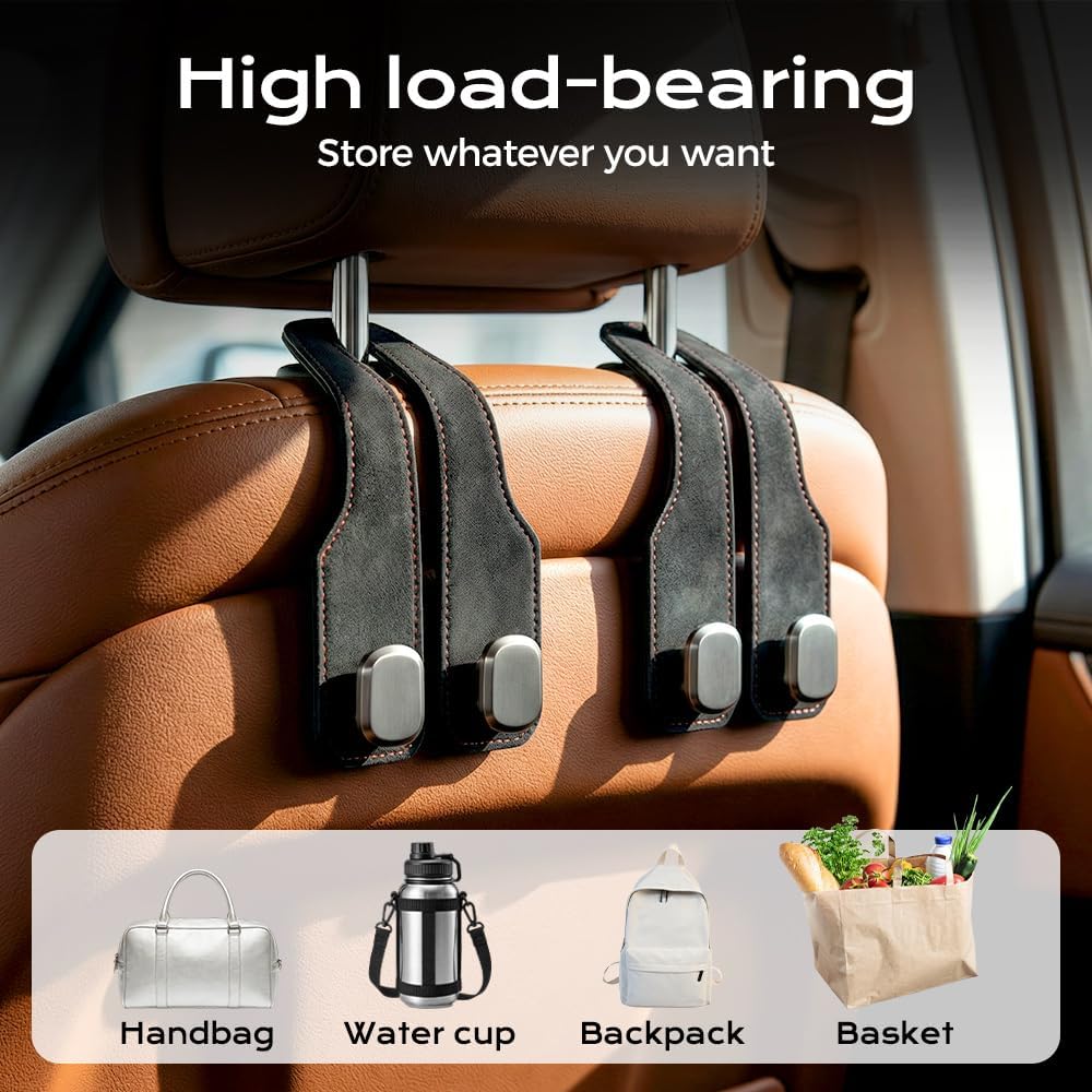 Fauppt Headrest Hooks for Car Car Seat Hooks for Headrest,2026 Hooks for Purses and Bags Cute Car Purse Holder,Twinhook Leather Car Headrest Hangers Seat Back Organizers for Travel (Grey*4)