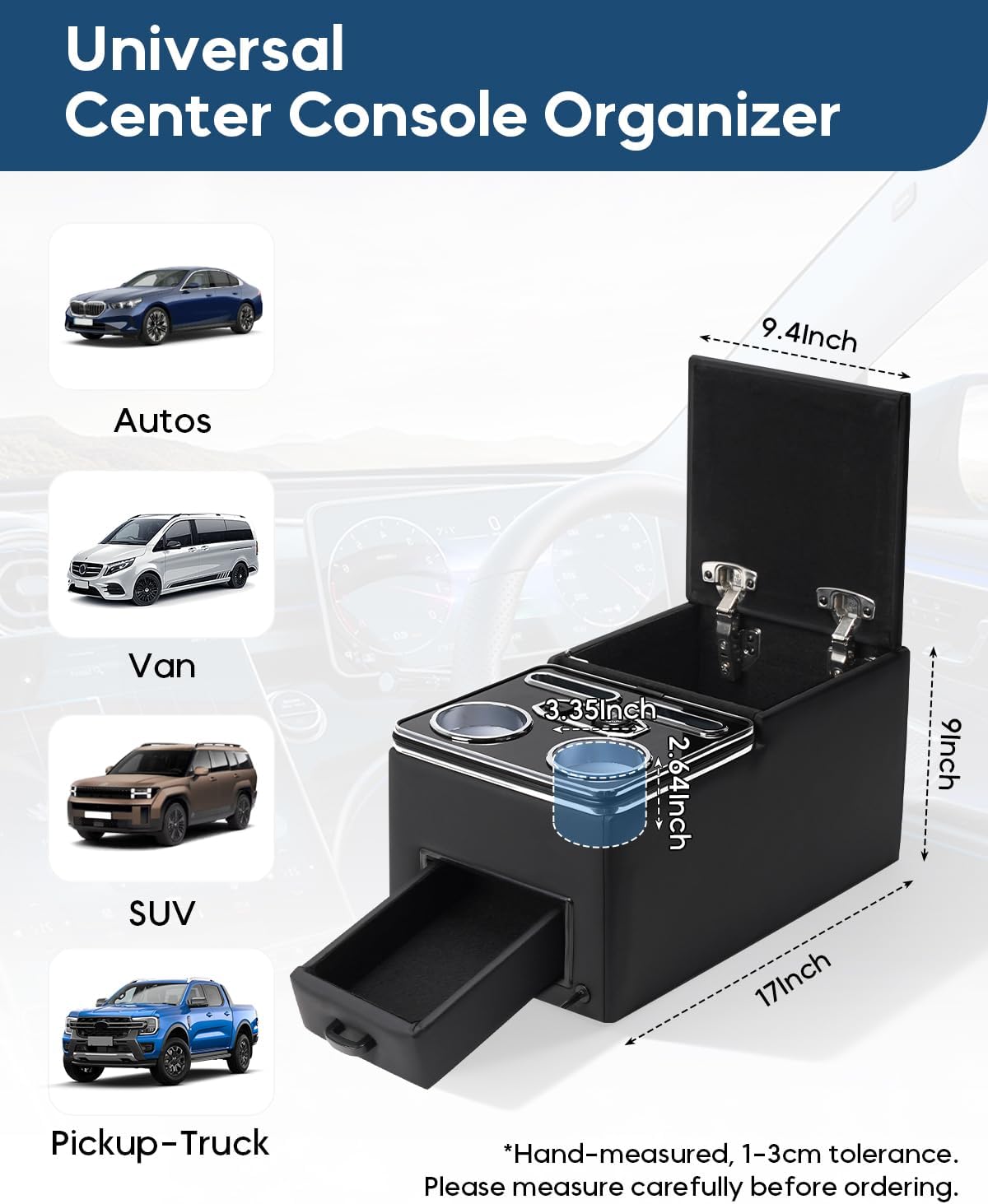 Bench Seat Center Console Organizer, Cup Holders, Regular, Black