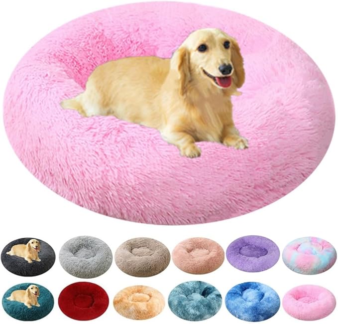 Large Calming Dog Bed, 40 Inch Anti-Anxiety Donut Dog Cuddler Cat Bed, Warming Cozy Soft Dogs Round Bed, Fluffy Faux Fur Machine Washable Pet Cushion for Medium Large Dogs & Cats (Bright Pink)