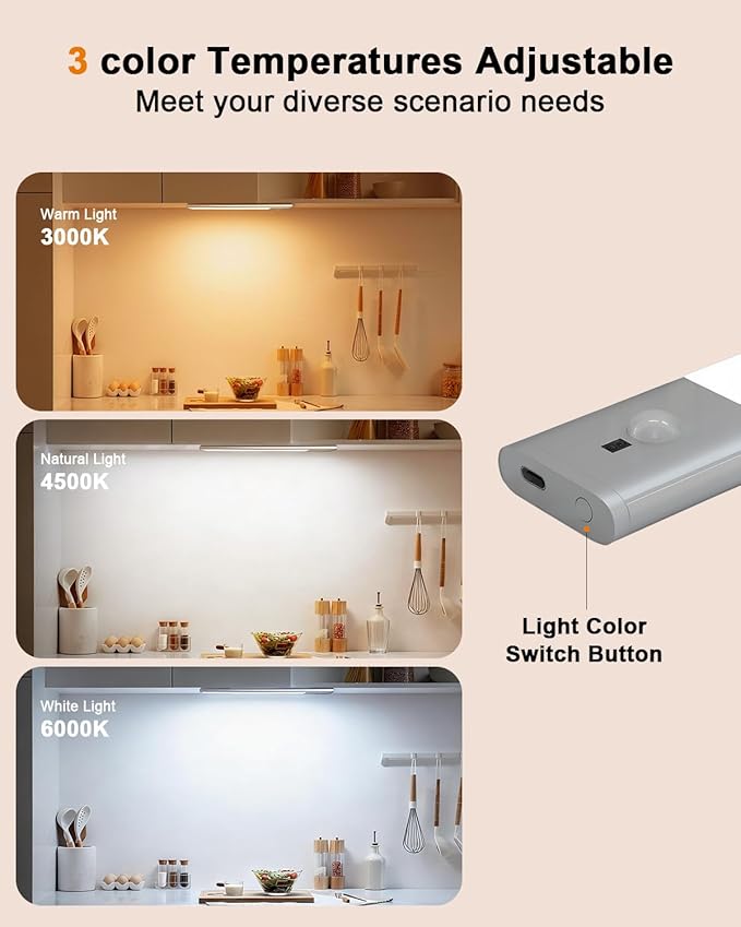 Under Cabinet Lighting,Rechargeable Motion Sensor Light Indoor with Hand Wave Sensor, 3 Color Temps,2Pack Magnetic Dimmable Closet Lights,Wireless Under Counter Lights for Kitchen, Stairs,Hallway