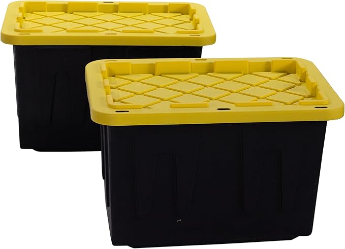 Plastic 23-Gallon Storage Tote with Lockable Lid, Stackable Tough Regular-Duty Bin for Garage, Tools, and Home Organization (2-Pack) - Black and Yellow