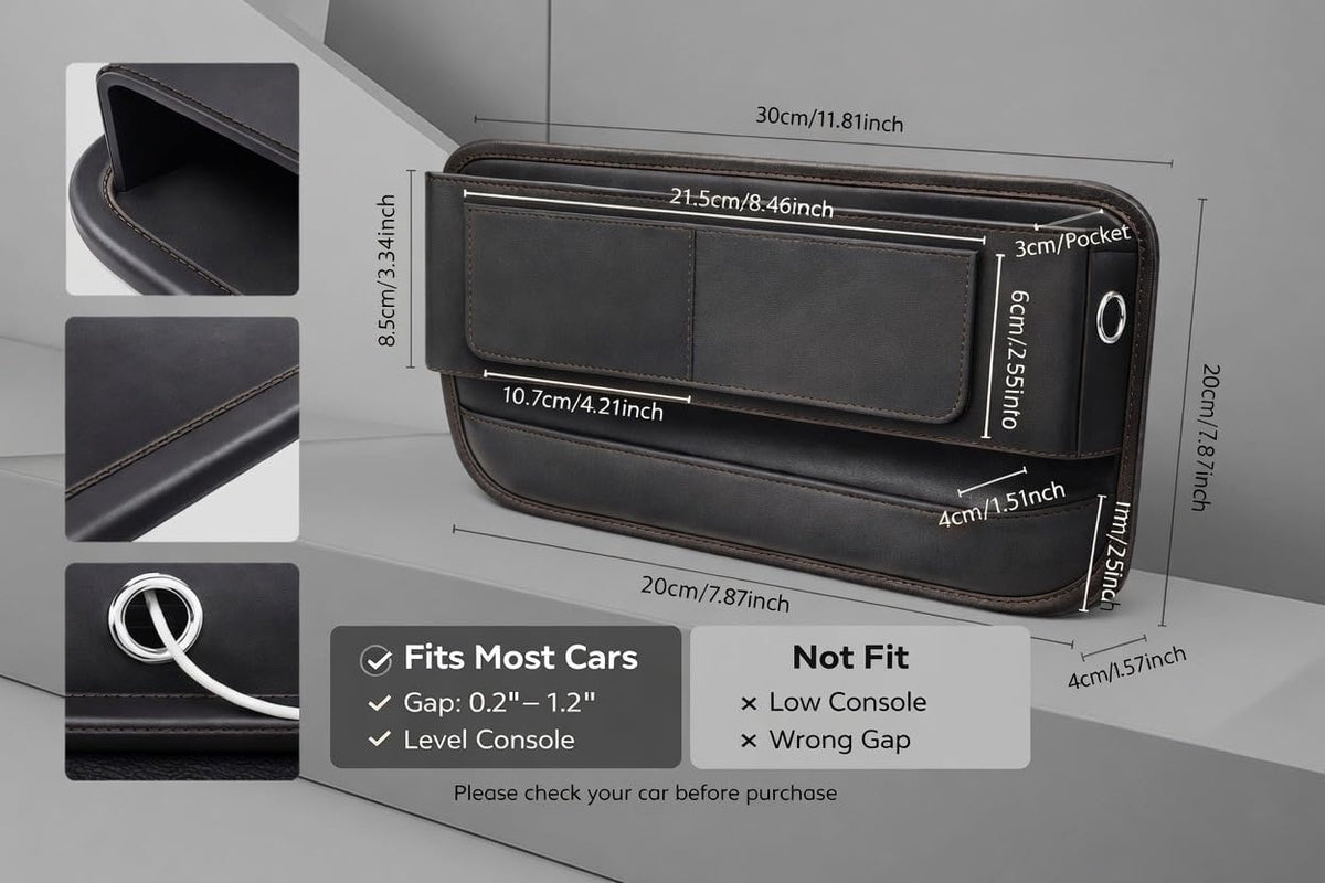 Car Seat Gap Organizer - Premium PU Leather Gap Filler with Storage Pockets, Universal Fit for Car, Truck, SUV - Prevents Phone, Keys from Falling Between Seats, Black
