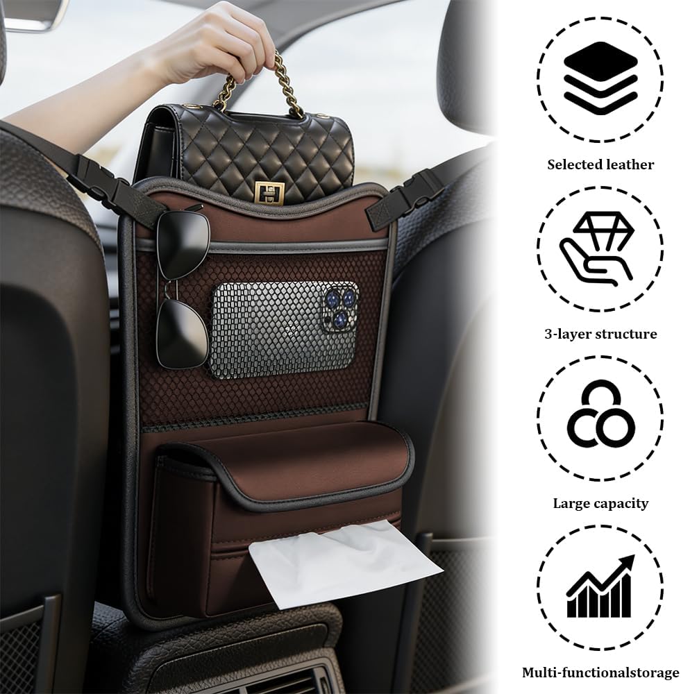 Car Organizer Storage Between Seats, Car Purse Holder, Nappa Leather Front Seat Storage Bag with Tissue Holder, Large Capacity Auto Console Organizer for Document Phone Wallet Snack (Brown)