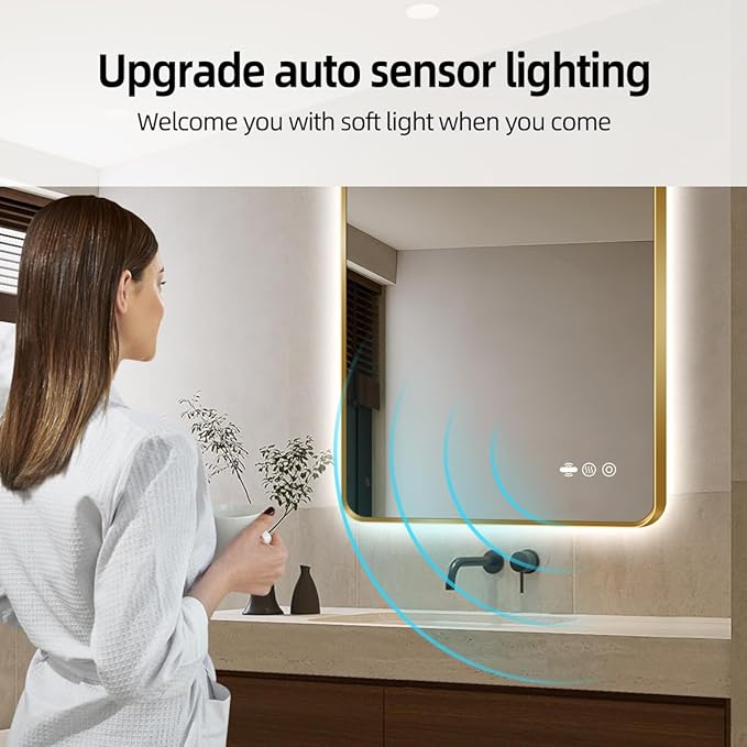 30 x 36 Gold LED Bathroom Mirror, Metal Framed Rounded Corner Rectangle Backlit Mirror Bathroom, Anti-Fog, 3-Color Stepless Dimmable Lighted Mirror, Motion Sensor Lights, Memory Function