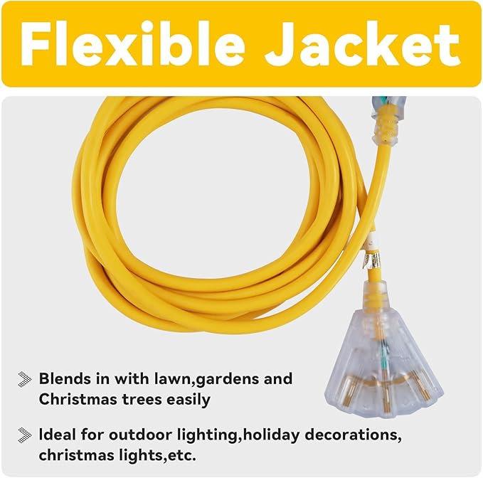EP 12 Ft 12 Gauge Heavy Duty Extension Cord, 15A 125V 1875W, 3 Outlet Indoor/Outdoor Power Cord with Lighted End, 12/3 SJTW Weatherproof Yellow