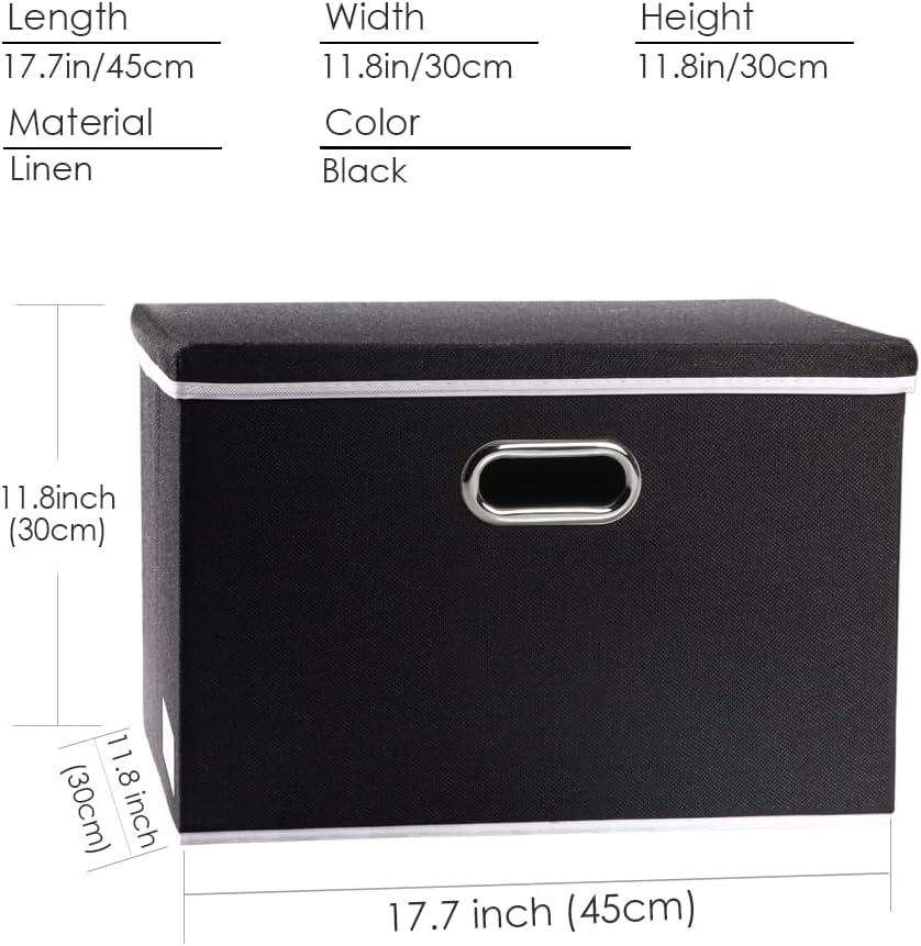 PRANDOM Large Foldable Storage Boxes with Lids [3-Pack] Fabric Collapsible Storage Bins Organizer Containers Baskets Cube with Cover for Home Bedroom Closet Office Nursery Black(17.7x11.8x11.8)