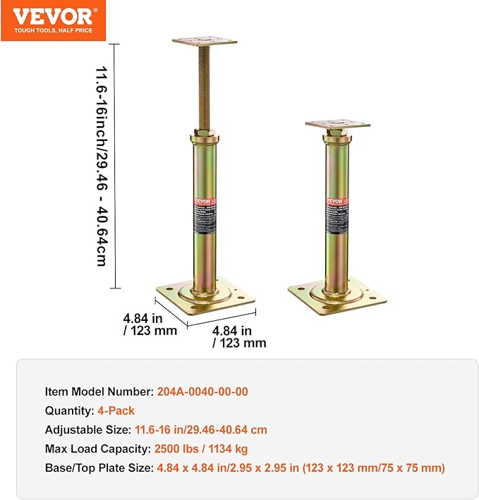 VEVOR House Floor Jacks, 4 PCS Post Floor Joist Jacks for Leveling, 11.6"-16" Height Range, Total Support up to 10000 LBS, Galvanized Telescoping Screw Jacks for Temporary Support