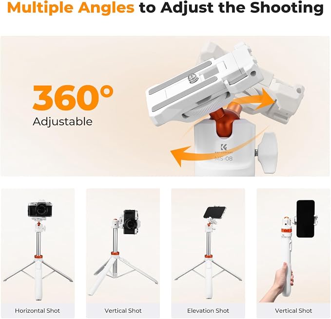 K&F CONCEPT MS08 62'' Selfie Stick Tripod, 2-in-1 Extendable White Phone Tripod