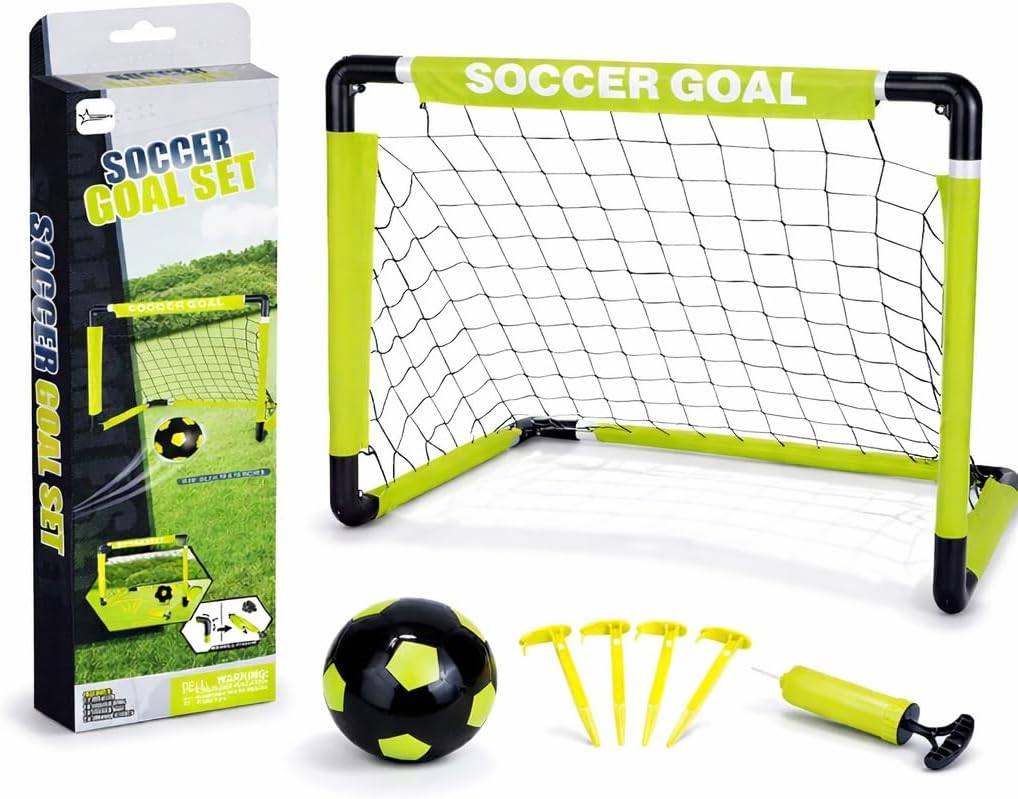 Skiennix Kids Soccer Goals Set - Indoor & Outdoor Play with Foldable Goal, Ball, Pump & 4 Stakes