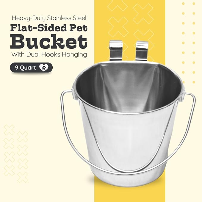 9 quart Stainless Steel Flat Sided Bucket with Dual Hooks | 2.25 gal Food & Water Bowl for XL Dog Goat Sheep Cattle Horse & Livestock | Fits kennel Crate Cages Farm | Hanging Utility Pail