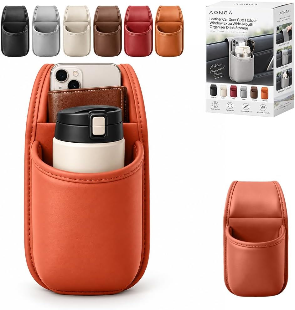 Leather Car Door Cup Holder Window Extra Wide-Mouth Organizer Drink Storage (Orange, S)
