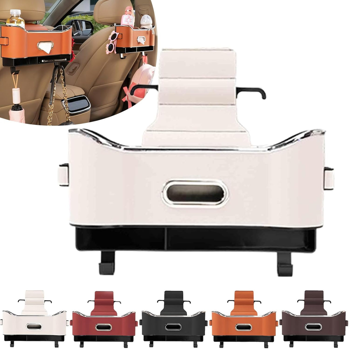 Multifunctional Car Seat Back Storage Box, Car Seat Tissue Box and Storage Box, Universal Car Tissue Organizer Back Seat with 2 Drink Cup Holder (White)