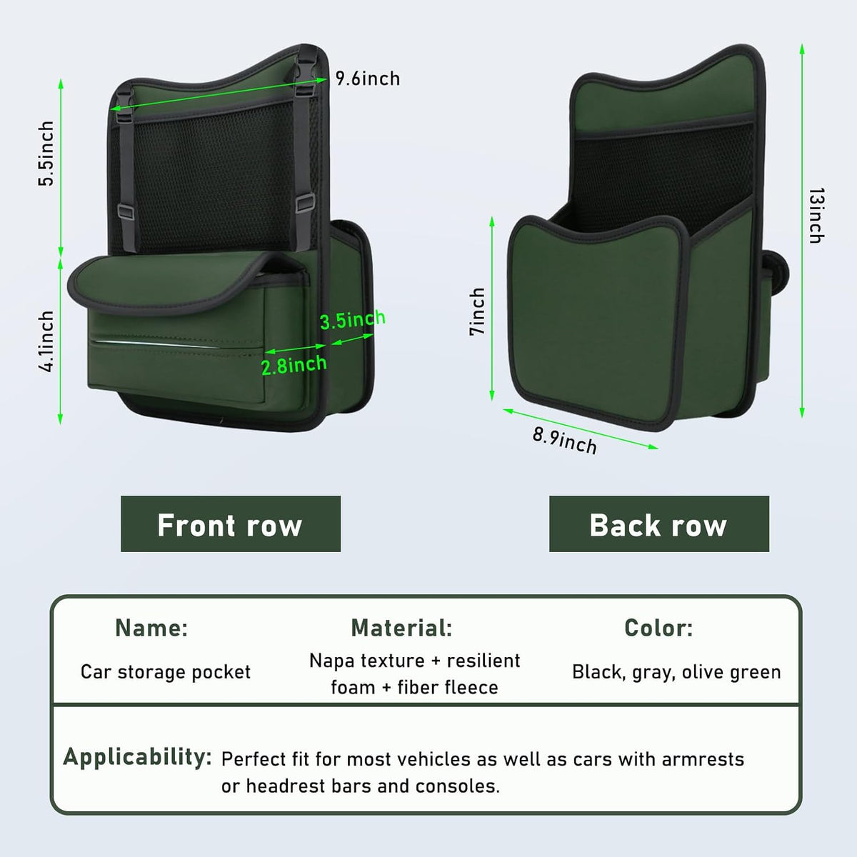 Ohleats Car Organizer Storage Between Seats, Nappa Leather Auto Handbag Holder for Document Phone Storage, Large Capacity Automotive Console Pocket Purse, Car Accessories (Green)