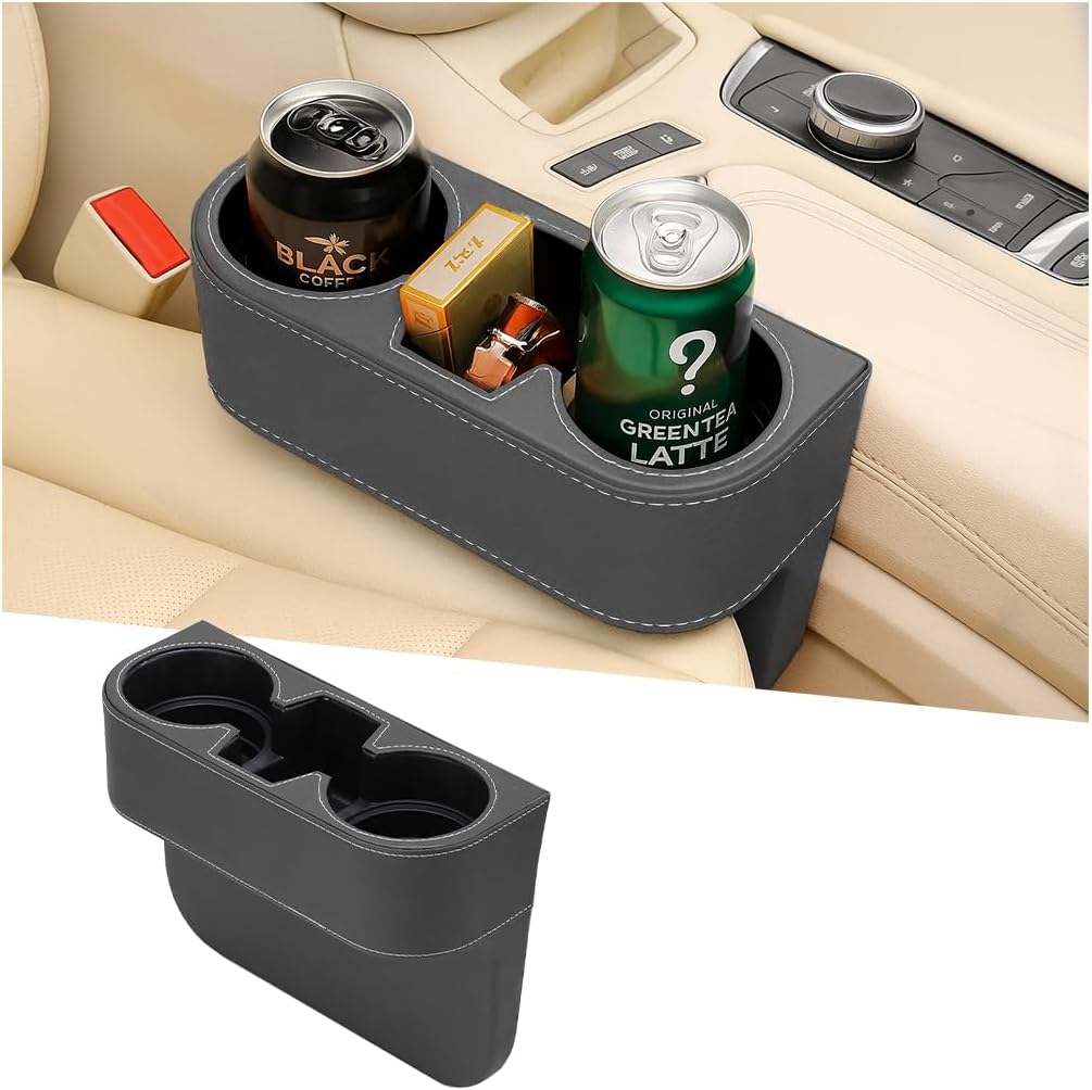 Car Seat Gap Filler Organizer with Cup Holder, Leather Multifunctional Vehicle Front Seat Crevice Storage Box Bag, Automotive Console Side Bucket Pocket, Universal Fit (Black)
